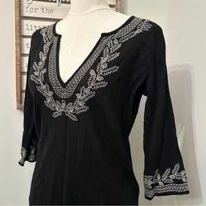 Black Tunic Boho Dress/Coverup Embroidery Accents V-Neck Cotton 3/4 Sleeves S